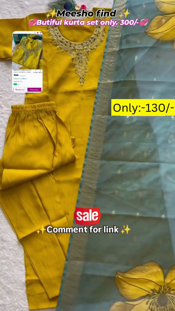 Trendy Mustard Yellow Embroidered Neck Design with Bead & Thread Work Kurta Set with Pants and Dupatta | Stylish Ethnic Wear for Women - Image 3
