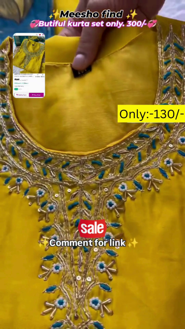 Trendy Mustard Yellow Embroidered Neck Design with Bead & Thread Work Kurta Set with Pants and Dupatta | Stylish Ethnic Wear for Women - Image 2