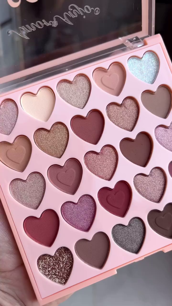 Heart-Shaped Multi-Finish Eyeshadow Palette – 25 Romantic Shades in Matte, Shimmer & Glitter Textures – Warm & Cool Tones for Everyday to Glam Looks – Soft Pigmented Formula in Adorable Pink Packaging