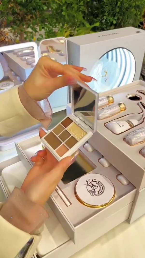 Luxury Skincare and Makeup Gift Set – Complete Beauty Collection Featuring Essence, Serum, Eye Cream, Facial Massager, Eyeshadow Palette, Lipstick & Cushion Foundation for Radiant Skin and Glamorous Looks