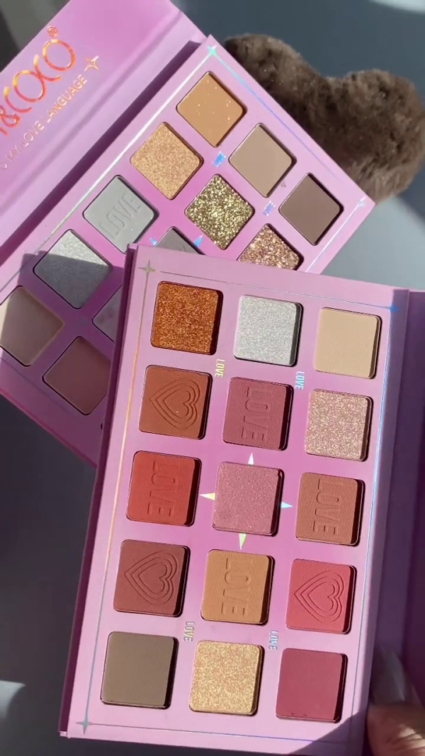 Vibrant Love-Themed Eyeshadow Palette Featuring Rich Mattes, Sparkling Metallics, and Shimmering Glitters for Bold and Playful Eye Looks