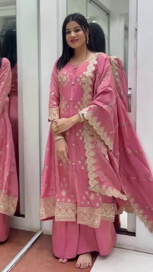 Pink Ethnic Straight Kurta Set with Heavy Golden Embroidery and Mirror Work, Featuring a Matching Dupatta and Palazzo, Ideal for Festive and Traditional Occasions