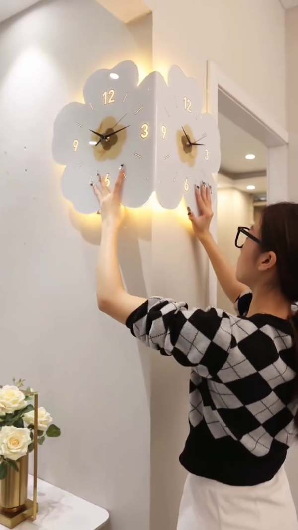 Dual-Sided Flower-Shaped Corner Wall Clock with Soft LED Backlight – Unique Decorative Timepiece for Modern Interiors