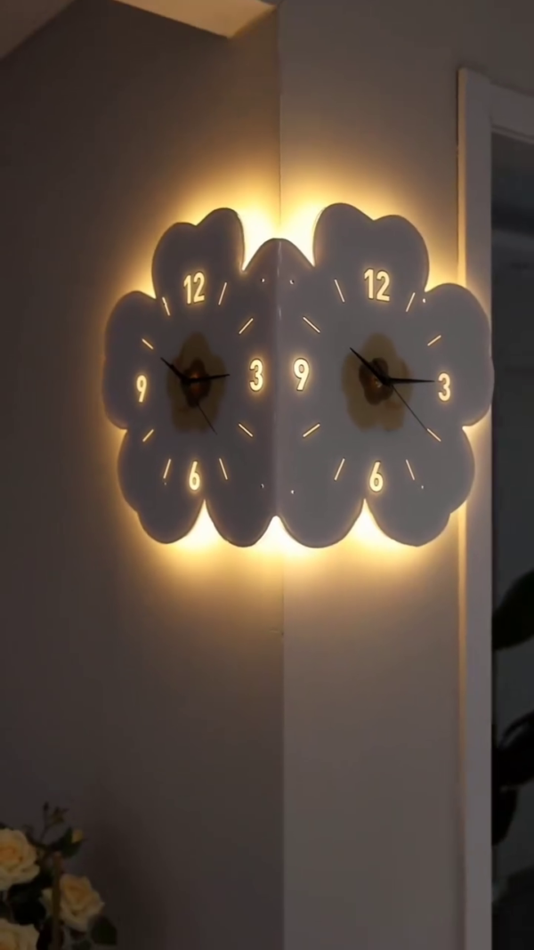 Dual-Sided Flower-Shaped Corner Wall Clock with Soft LED Backlight – Unique Decorative Timepiece for Modern Interiors - Image 2