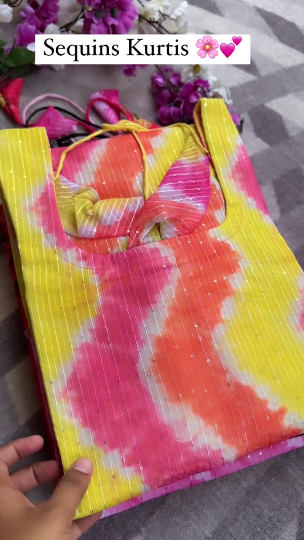 Elegant Tie-Dye Sequins Kurtis for Women – Soft Rayon Fabric with Stylish Neck Design, Festive & Casual Wear – Available in Vibrant Summer Colors like Pink, Yellow, and Orange - Image 2
