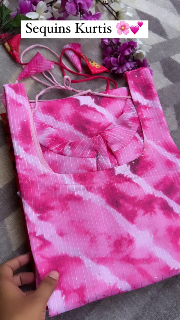 Elegant Tie-Dye Sequins Kurtis for Women – Soft Rayon Fabric with Stylish Neck Design, Festive & Casual Wear – Available in Vibrant Summer Colors like Pink, Yellow, and Orange - Image 3