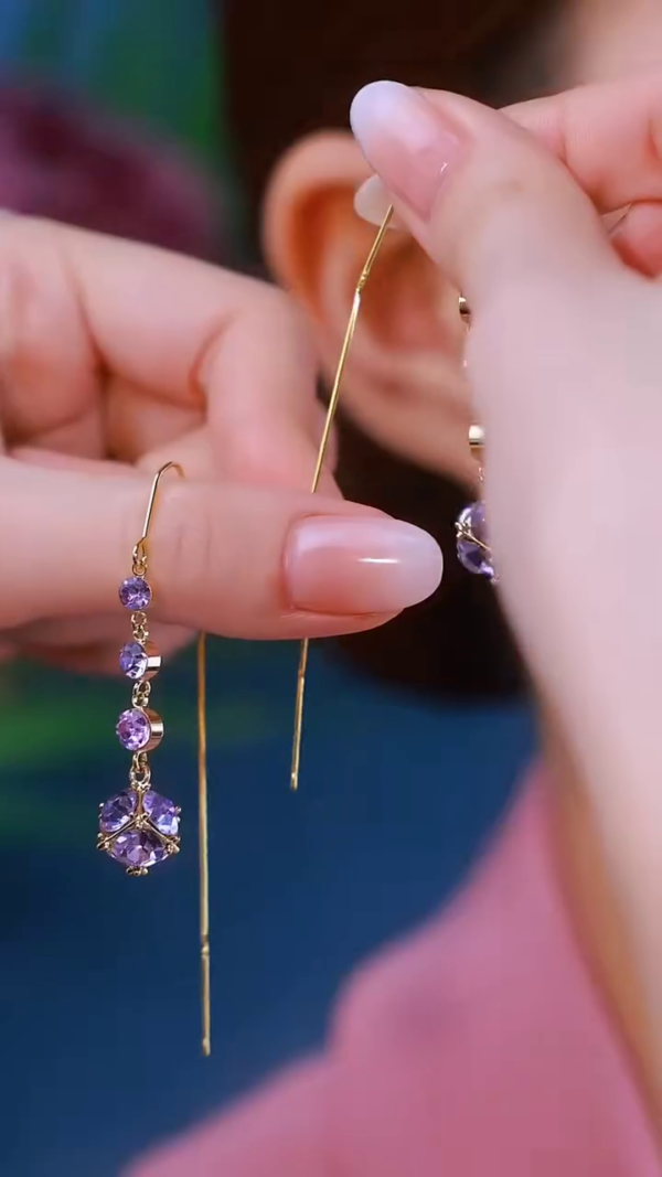 Elegant Long Drop Dangle Earrings with Purple Cubic Zirconia Crystals – Sparkling Handmade Statement Jewelry for Women – Perfect for Parties, Weddings, and Special Occasions - Image 3