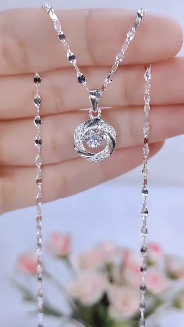 Exquisite Twisted Rose Design Sterling Silver Pendant Necklace with Dazzling Round-Cut Center Stone and Elegant Diamond-Cut Beaded Chain – Timeless Gift for Her - Image 2