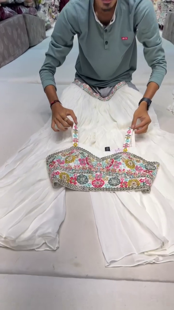 Elegant White Georgette Pleated Lehenga with Multi-Color Floral Hand Embroidered Sleeveless Blouse and Matching Dupatta – Perfect for Festive and Wedding Occasions - Image 2