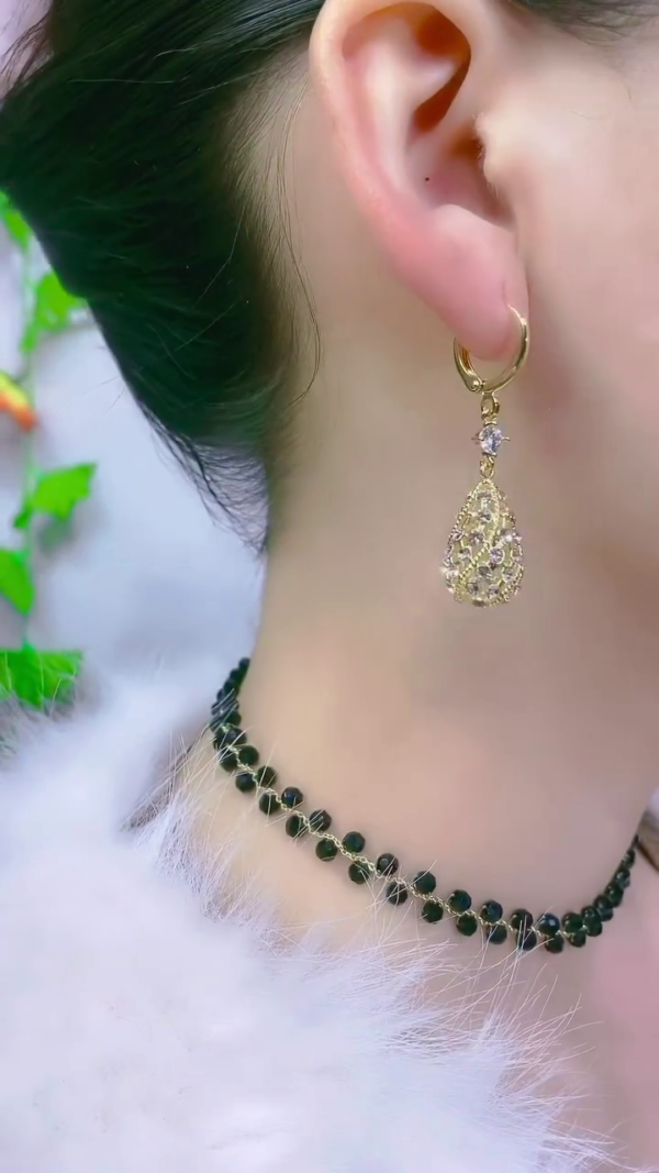 Gold-Plated Teardrop Dangle Earrings with Sparkling White Crystals – Intricately Designed Luxury Statement Jewelry for Weddings, Parties, and Special Occasions - Image 2