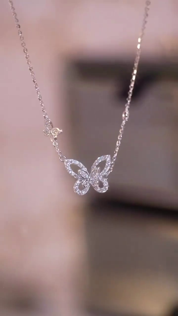 Exquisite Diamond-Studded Butterfly Pendant Necklace in Sterling Silver – Delicate Chain with Side Accent Charm for Elegant Everyday Glamour or Special Occasions