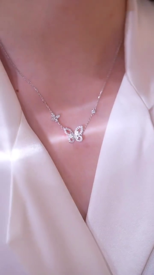 Exquisite Diamond-Studded Butterfly Pendant Necklace in Sterling Silver – Delicate Chain with Side Accent Charm for Elegant Everyday Glamour or Special Occasions - Image 2