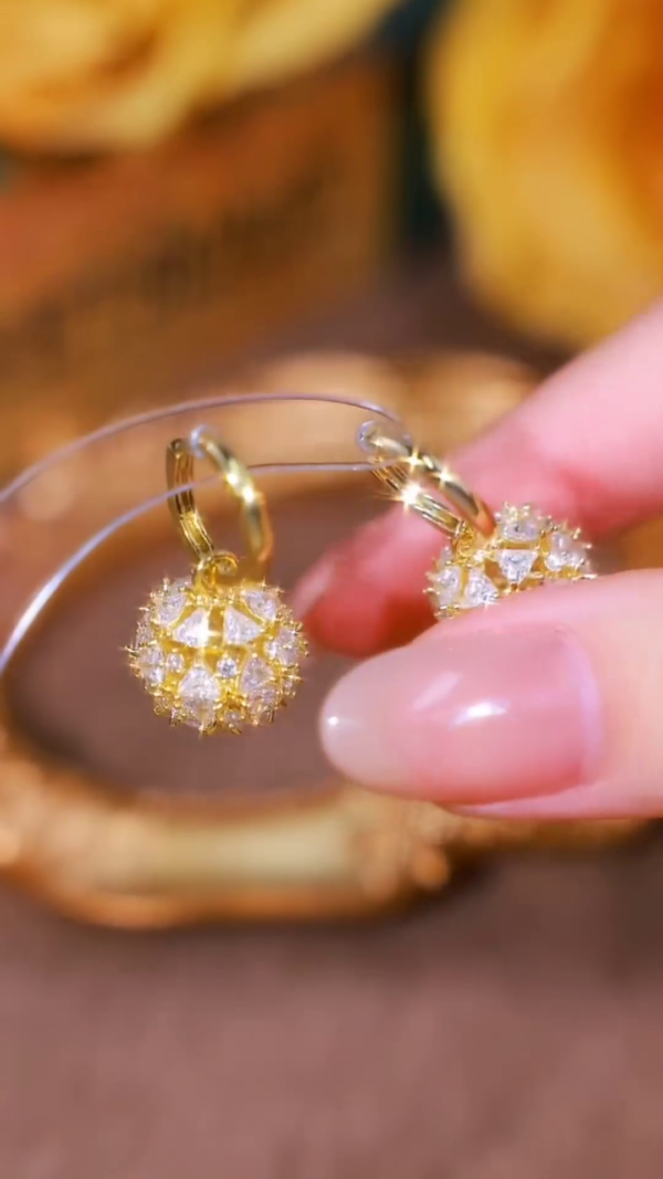 Glamorous Gold-Plated Dangle Sparkling Crystal-Studded Sphere Charm Earrings Lightweight Hypoallergenic Drop Earrings for Women - Image 3