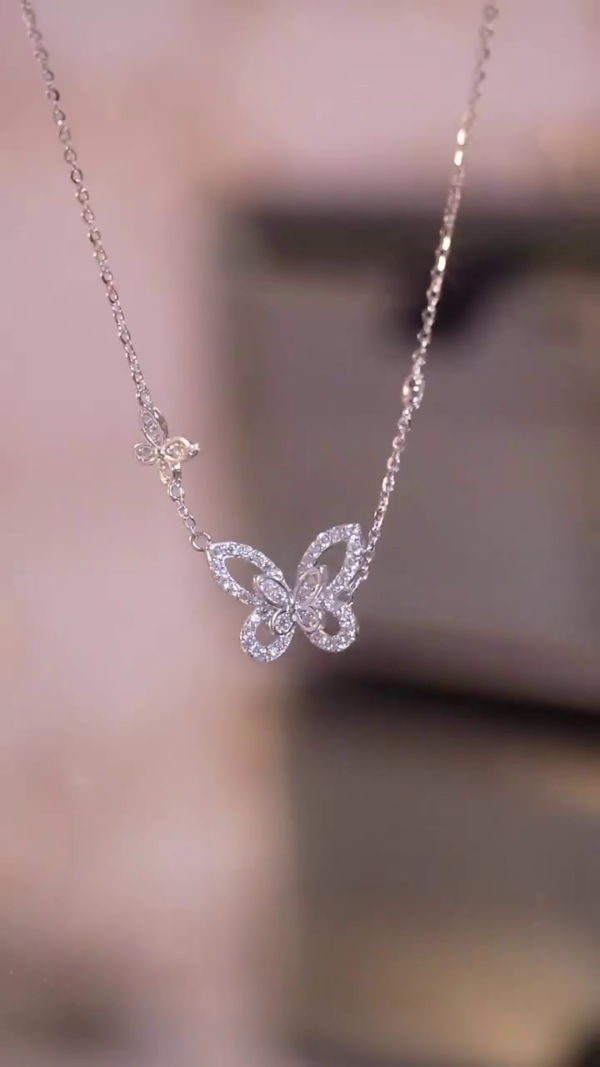 Exquisite Diamond-Studded Butterfly Pendant Necklace in Sterling Silver – Delicate Chain with Side Accent Charm for Elegant Everyday Glamour or Special Occasions - Image 3