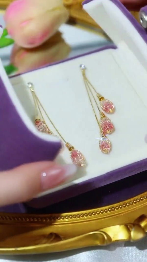 Elegant Long Dangle Earrings with Triple Pink Crystal Teardrops – Delicate Gold Chain Design for Women, Perfect for Weddings, Evening Parties, and Romantic Occasions - Image 3
