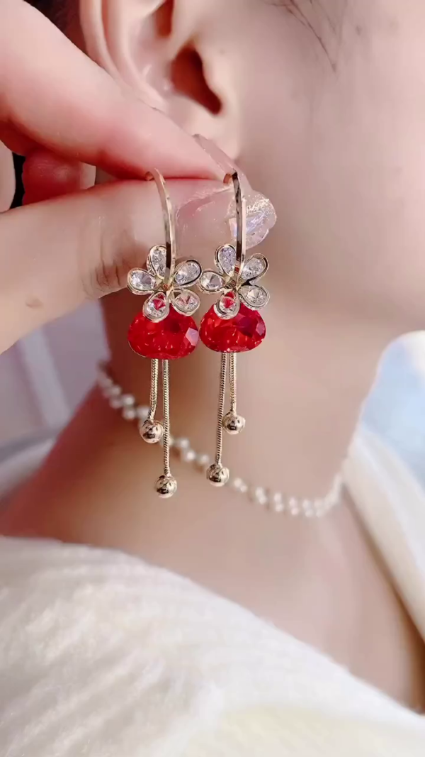 Elegant Gold-Plated Dangling Earrings with Crystal Flower and Red Heart Gemstone Accents – Delicate Dual Chain Drop Design with Ball Ends – Perfect for Weddings, Parties, and Special Occasions – Lightweight and Stylish Jewelry for Women and Girls - Image 2