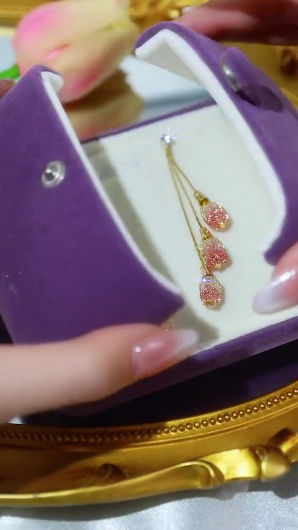 Elegant Long Dangle Earrings with Triple Pink Crystal Teardrops – Delicate Gold Chain Design for Women, Perfect for Weddings, Evening Parties, and Romantic Occasions - Image 2