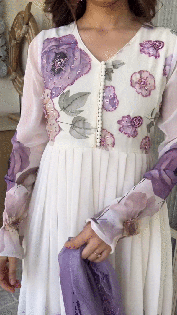 Off-White and Lavender Floral Printed Anarkali Suit Set for Women Featuring Pearl Button Detailing, Full Sleeves, and a Soft Net Dupatta with Lace Border – Perfect for Festive Celebrations, Parties, and Ethnic Occasions - Image 2