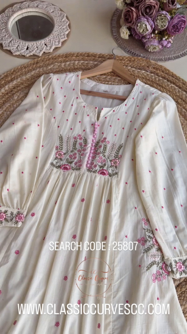 Floral Embroidered Cotton Kurta Set for Women with Matching Dupatta – Available in Pastel Green, Soft Lilac, and Classic Ivory – Stylish Front Button Detailing and Delicate Thread Work – Comfortable Daily Wear or Festive Outfit - Image 3
