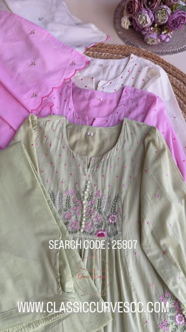 Floral Embroidered Cotton Kurta Set for Women with Matching Dupatta – Available in Pastel Green, Soft Lilac, and Classic Ivory – Stylish Front Button Detailing and Delicate Thread Work – Comfortable Daily Wear or Festive Outfit - Image 2