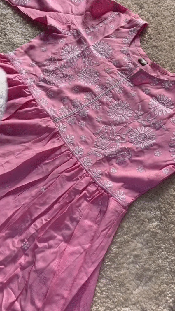 Pink Cotton Chikankari Embroidered Kurta with White Elastic Waist Straight Pant Set for Women – Traditional Ethnic Wear Perfect for Daily, Festive, and Casual Occasions - Image 2