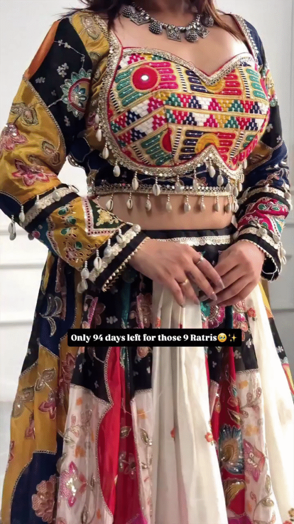 Colorful Traditional Navratri Ghagra Choli Set for Women Featuring Multicolor Embroidered Blouse, Mirror Work Flared Skirt, and Elegant White Dupatta with Sequin Detailing – Perfect for Dandiya, Garba, and Festive Celebrations - Image 2