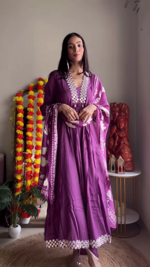 Mirror Work Anarkali Kurta Set with Printed Dupatta and Matching Pants In Multi Shades– Festive Ethnic Wear for Women