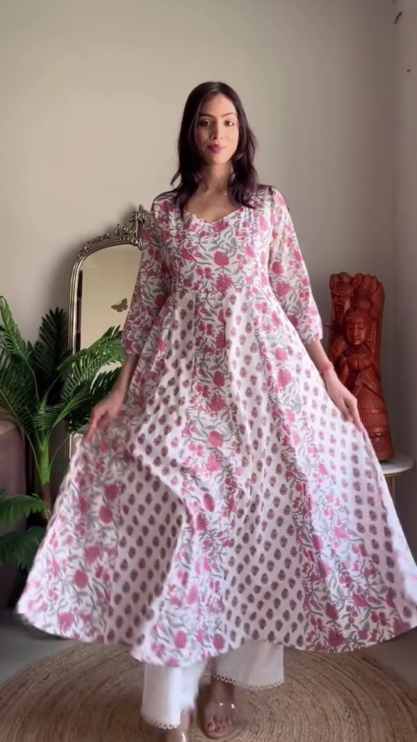 Summer Multi Shade Printed Cotton Anarkali Kurta Set with Floral and Mughal-Inspired Patterns, Three-Quarter Sleeves, Lace Detailing, and Flowy Silhouette – Perfect for Casual and Festive Wear