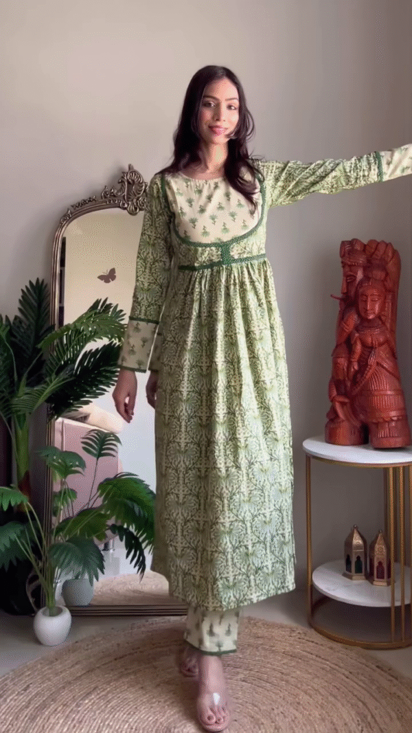 Summer Multi Shade Printed Cotton Anarkali Kurta Set with Floral and Mughal-Inspired Patterns, Three-Quarter Sleeves, Lace Detailing, and Flowy Silhouette – Perfect for Casual and Festive Wear - Image 2