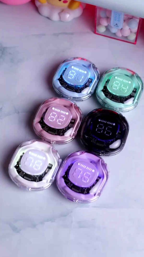 Colorful Transparent Wireless Bluetooth Earbuds with LED Display Charging Case – Stylish Touch Control Earphones with Deep Bass, Noise Reduction, and Universal Compatibility for iPhone, Android, and More – Available in Multiple Trendy Colors