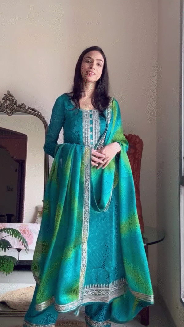 Traditional Ethnic Wear Set Featuring Teal Blue Embroidered Anarkali Kurta with Contrast Green Dupatta and Matching Pants Paired with Off-White Straight Kurta Adorned with Delicate Thread Work, Blue Geometric Printed Dupatta and Designer Sharara Style Bottoms – Perfect Blend of Grace and Festive Charm