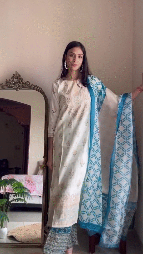 Traditional Ethnic Wear Set Featuring Teal Blue Embroidered Anarkali Kurta with Contrast Green Dupatta and Matching Pants Paired with Off-White Straight Kurta Adorned with Delicate Thread Work, Blue Geometric Printed Dupatta and Designer Sharara Style Bottoms – Perfect Blend of Grace and Festive Charm - Image 2