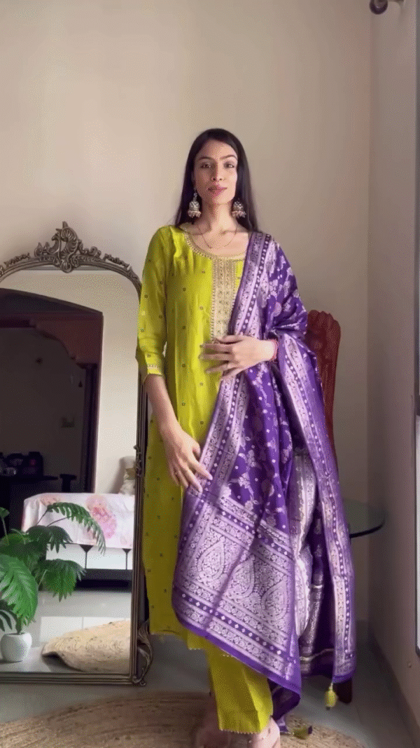 Dual Set of Traditional Ethnic Wear Featuring Lime Yellow Kurta with Intricate Embroidery and Contrast Purple Banarasi Dupatta Paired with a Soft Baby Pink Floral Embroidered Straight Kurta Set and Matching Chiffon Dupatta – Perfect for Festive and Celebratory Occasions