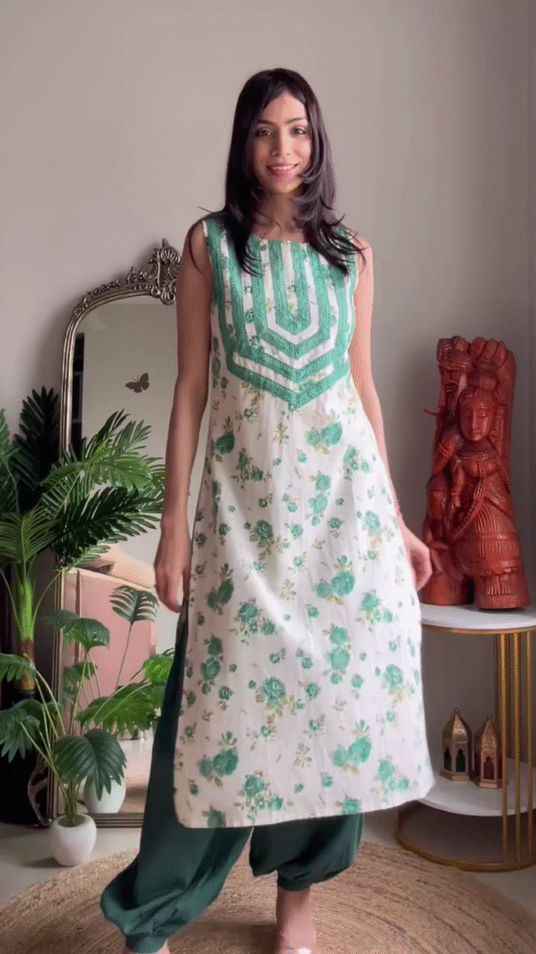 Multi Shade Kurta Set Featuring a Sleeveless Floral Print Kurta with Embroidered Yoke and Solid Patiala Pants & a Sophisticated Printed Three-Quarter Sleeve Kurta with Matching Wide-Leg Trousers – Perfect for Comfort and Style