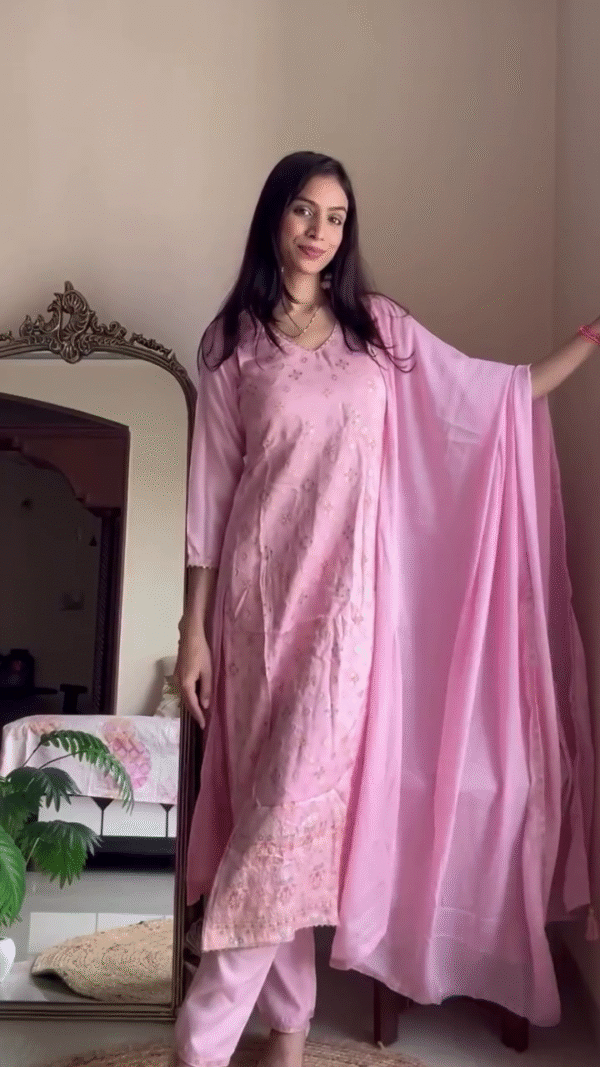 Dual Set of Traditional Ethnic Wear Featuring Lime Yellow Kurta with Intricate Embroidery and Contrast Purple Banarasi Dupatta Paired with a Soft Baby Pink Floral Embroidered Straight Kurta Set and Matching Chiffon Dupatta – Perfect for Festive and Celebratory Occasions - Image 2