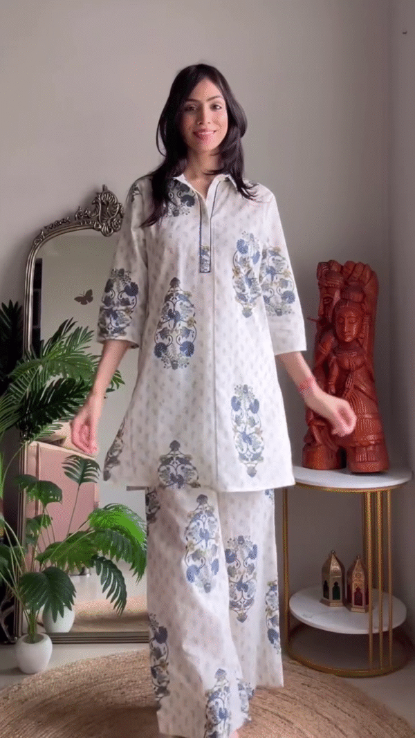 Multi Shade Kurta Set Featuring a Sleeveless Floral Print Kurta with Embroidered Yoke and Solid Patiala Pants & a Sophisticated Printed Three-Quarter Sleeve Kurta with Matching Wide-Leg Trousers – Perfect for Comfort and Style - Image 3