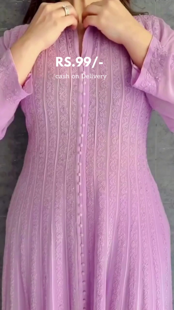 Lavender Embroidered Long Kurti with Front Button Detailing and Full Sleeves – Soft Georgette Fabric Traditional and Stylish Ethnic Wear for Women - Image 3