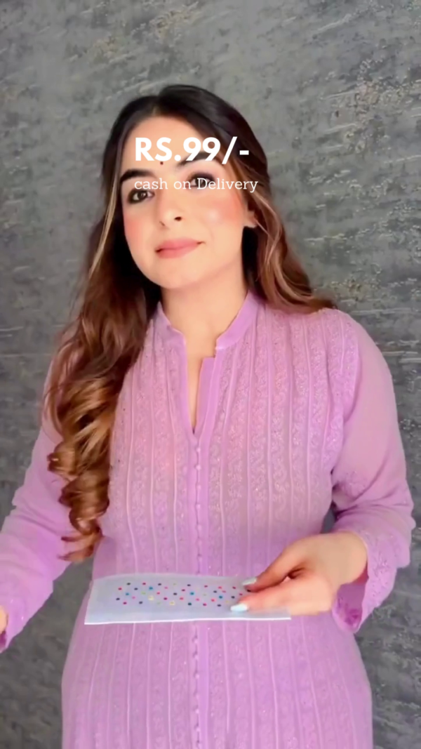 Lavender Embroidered Long Kurti with Front Button Detailing and Full Sleeves – Soft Georgette Fabric Traditional and Stylish Ethnic Wear for Women