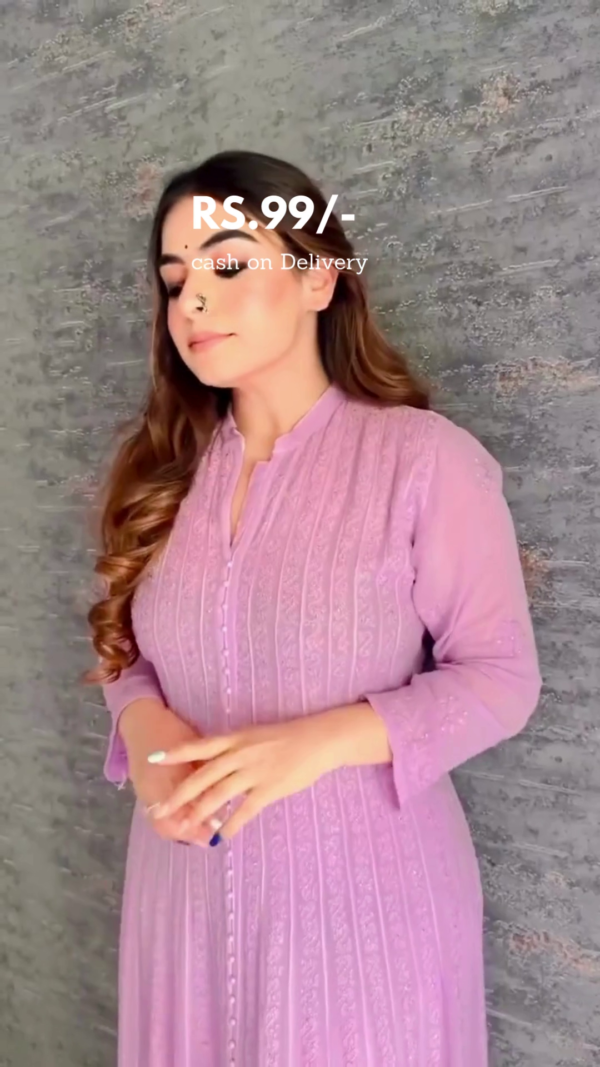 Lavender Embroidered Long Kurti with Front Button Detailing and Full Sleeves – Soft Georgette Fabric Traditional and Stylish Ethnic Wear for Women - Image 2
