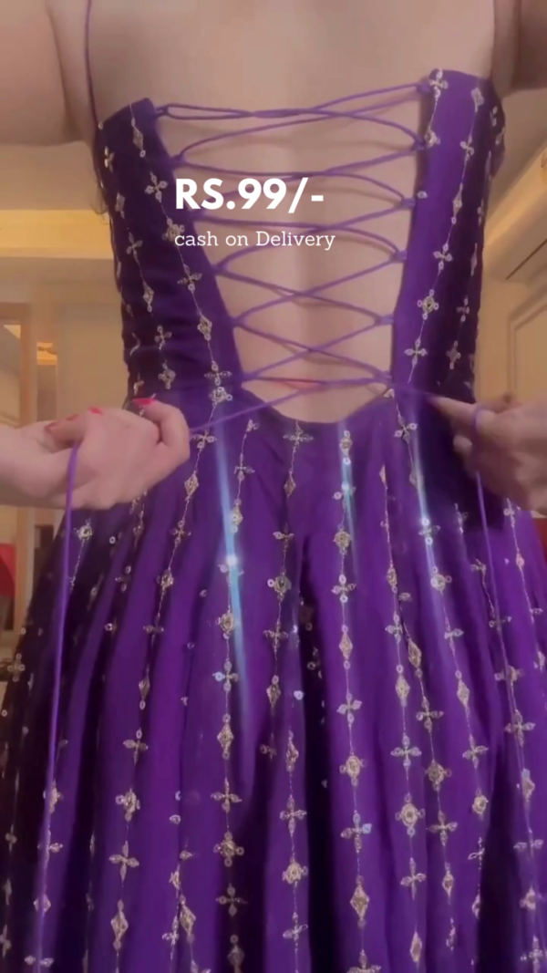 Purple Embroidered Anarkali Gown with Golden Sequin Detailing, Criss-Cross Back Design, and Matching Dupatta Perfect for Festive and Traditional Occasions - Image 3