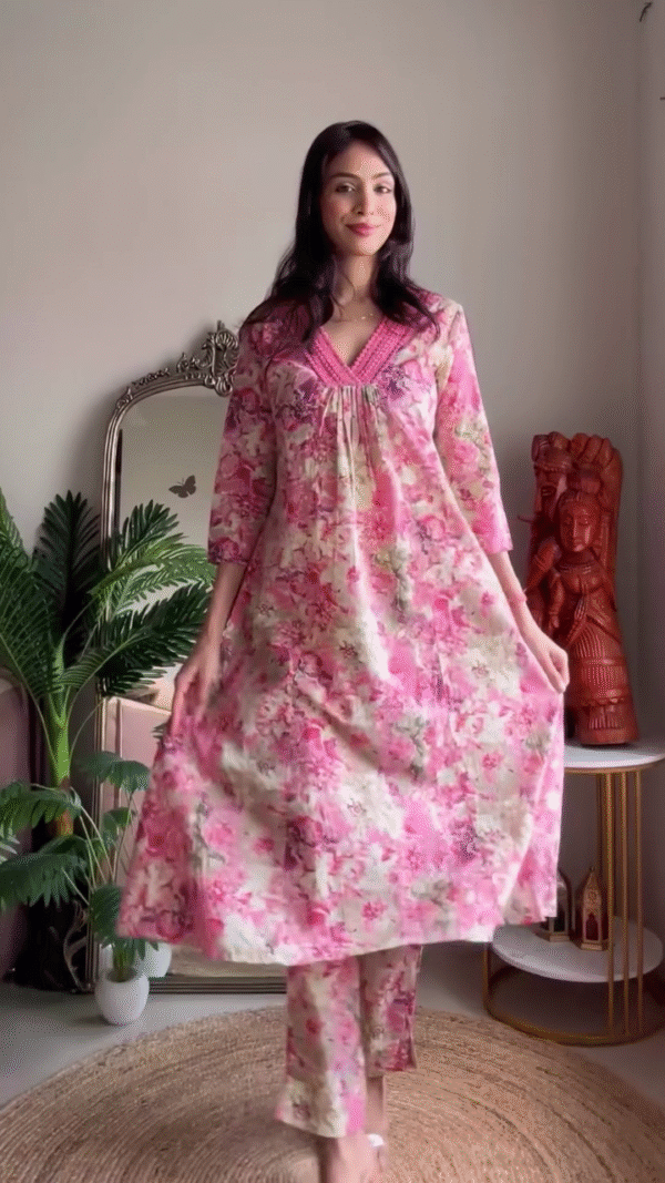 Floral and Ethnic Printed Cotton Kurta Set for Women with 3/4 Sleeves and Matching Straight Pants – Soft, Comfortable Daily Wear and Casual Ethnic Ensemble – Available in Pink and Blue Patterns