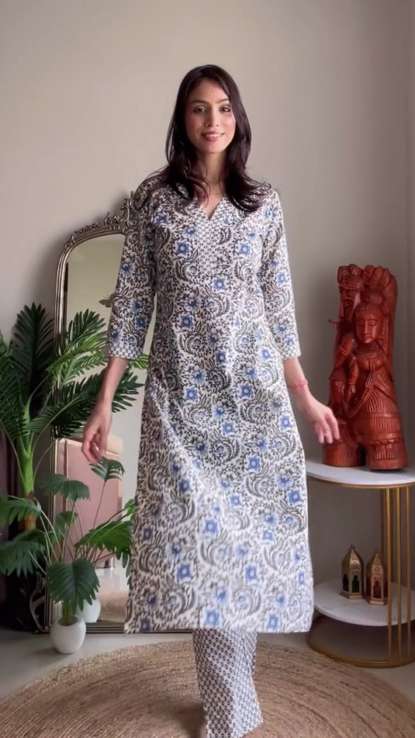 Floral and Ethnic Printed Cotton Kurta Set for Women with 3/4 Sleeves and Matching Straight Pants – Soft, Comfortable Daily Wear and Casual Ethnic Ensemble – Available in Pink and Blue Patterns - Image 2