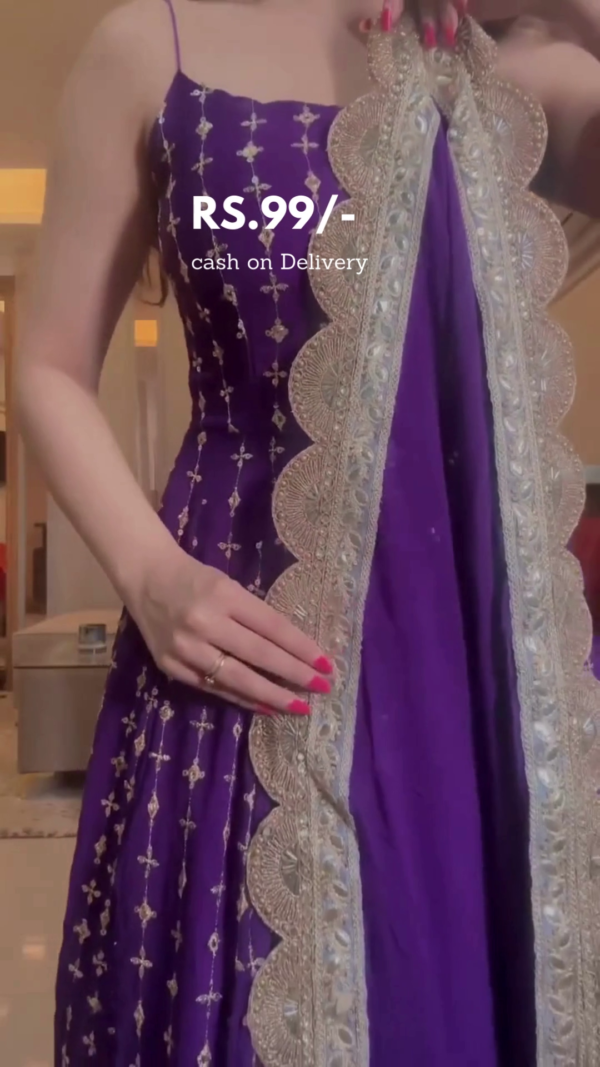 Purple Embroidered Anarkali Gown with Golden Sequin Detailing, Criss-Cross Back Design, and Matching Dupatta Perfect for Festive and Traditional Occasions - Image 2