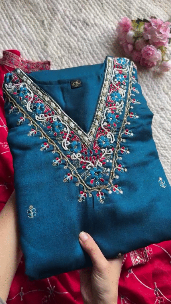 Stunning Teal Blue Ethnic Salwar Suit Set for Women with Intricate Multicolor Thread Embroidery and Rich Red Embellished Dupatta – Traditional Indian Festive Wear Kurta Set Ideal for Parties, Celebrations, and Cultural Events