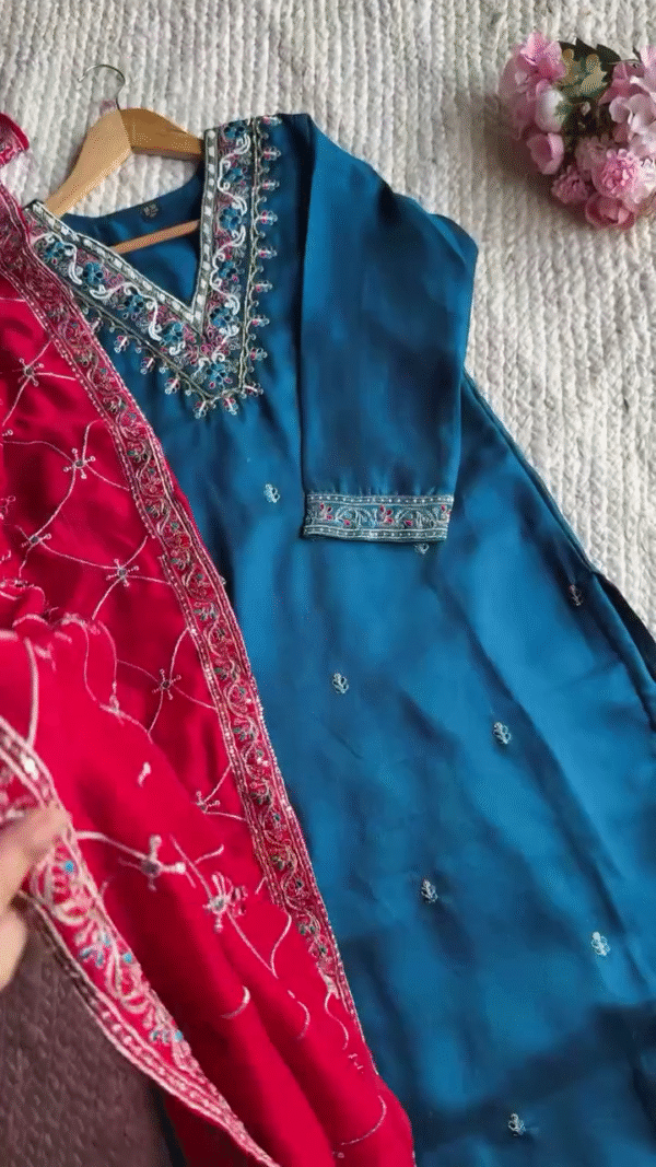 Stunning Teal Blue Ethnic Salwar Suit Set for Women with Intricate Multicolor Thread Embroidery and Rich Red Embellished Dupatta – Traditional Indian Festive Wear Kurta Set Ideal for Parties, Celebrations, and Cultural Events - Image 2