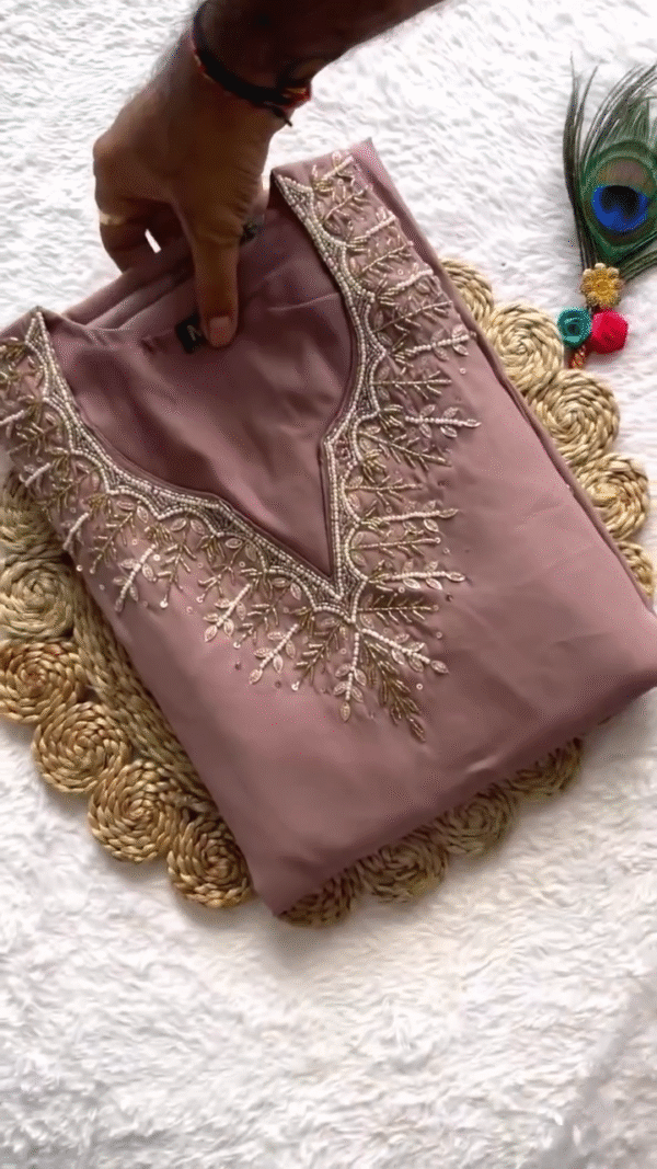 Elegant Mauve Satin Embroidered Kurta Set – Intricate Golden Thread Work on V-Neckline with Matching Elastic Waist Pants and Sheer Floral-Printed Dupatta – A Refined Choice for Festive Occasions and Graceful Gatherings