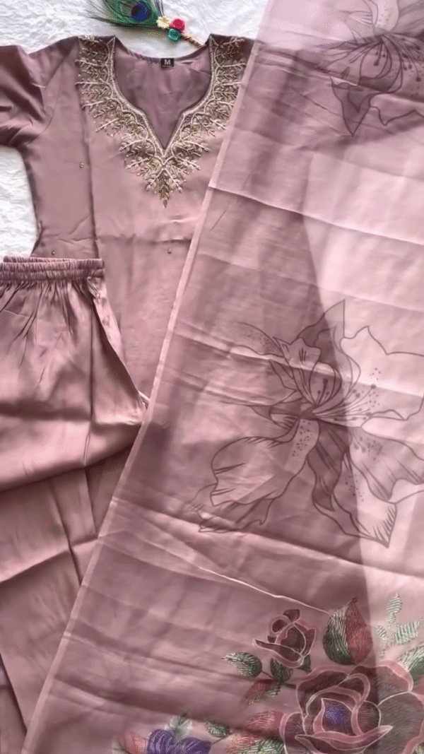 Elegant Mauve Satin Embroidered Kurta Set – Intricate Golden Thread Work on V-Neckline with Matching Elastic Waist Pants and Sheer Floral-Printed Dupatta – A Refined Choice for Festive Occasions and Graceful Gatherings - Image 2