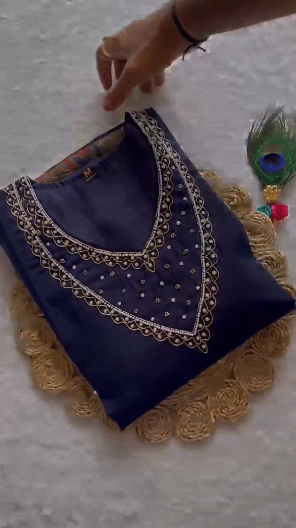 Classic Navy Blue Satin Kurta Set – Elegant Pearl and Thread Work on V-Neckline, Matched with Comfortable Trousers and a Rich Multicolor Woven Dupatta Featuring Traditional Floral Paisley Motifs – Ideal for Festive and Ethnic Celebrations
