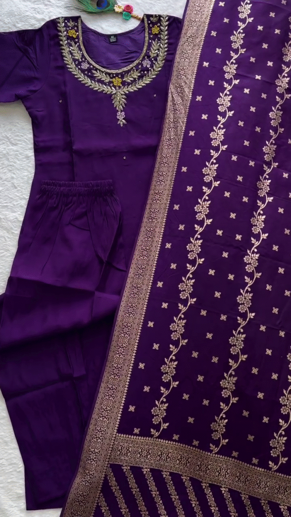 Royal Purple Embroidered Silk Kurta Set with Golden Zari Work Dupatta – Elegant Three-Piece Ethnic Wear for Women, Perfect for Festive Occasions, Weddings, and Traditional Events - Image 2
