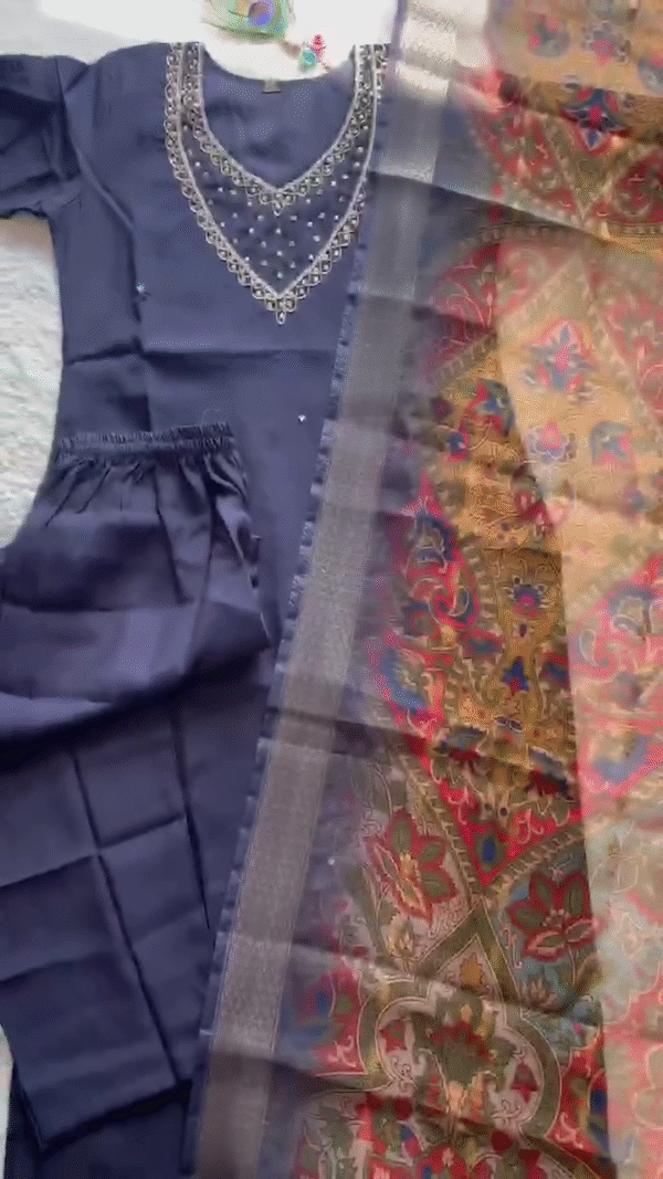 Classic Navy Blue Satin Kurta Set – Elegant Pearl and Thread Work on V-Neckline, Matched with Comfortable Trousers and a Rich Multicolor Woven Dupatta Featuring Traditional Floral Paisley Motifs – Ideal for Festive and Ethnic Celebrations - Image 2